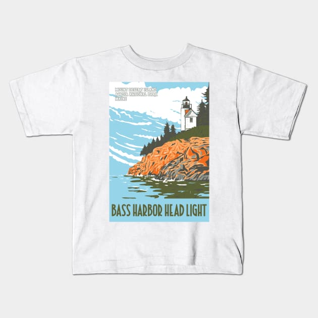 WPA Poster of Bass Harbor Head Light in Mount Desert Island, Acadia National Park, Maine Kids T-Shirt by JohnLucke